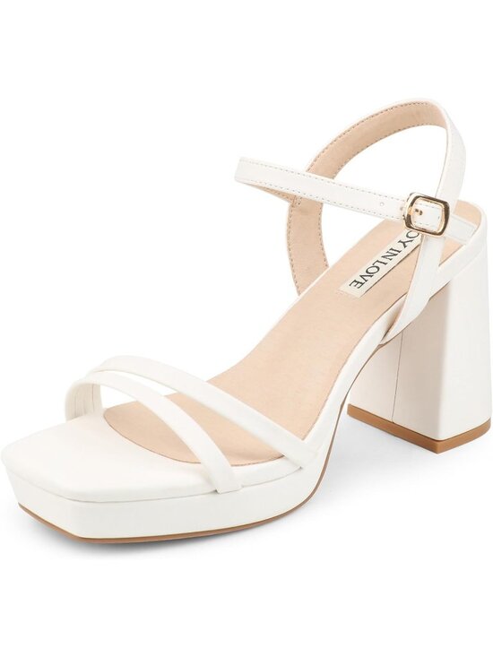Shoes - Women's White Matte Ankle Strap Square Open Toe  Chunky Block Heels Sandals